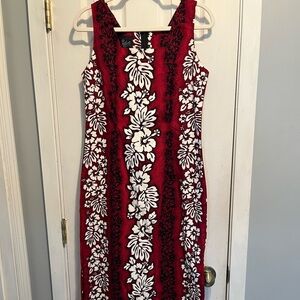 Vintage Hawaiian Maxi Dress Red W/ White Flowers Size L